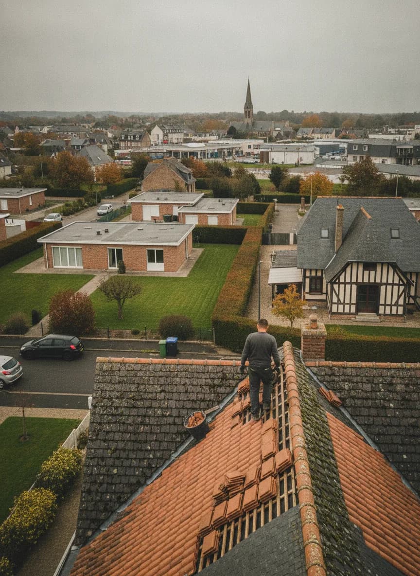 Couvreur NB Artisan au travail sur une toiture à Saint-Martin-Boulogne