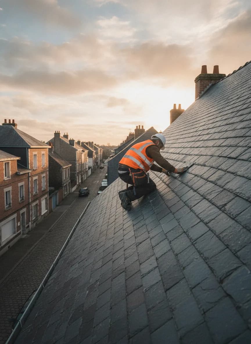 Couvreur installant des ardoises sur le toit d’une maison du Pas-de-Calais